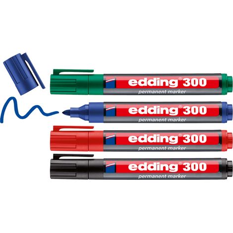 edding 300 Marqueur permanent - noir, rouge, bleu, vert - 4 stylos - pointe ronde 1,5-3 mm - sèche vite, résiste à l'eau et aux frottements - pour carton, plastique, bois, métal, verre (1/5)