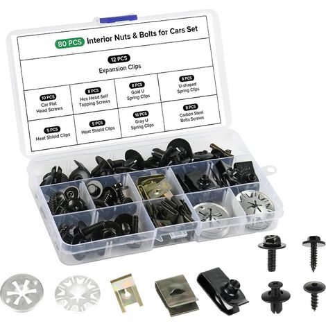 80 Pièces Vis Carrosserie Voiture Set, Vis et Écrous de Carrosserie Voiture avec Verrouillage Rondelle Clips U Clips Carrosserie Vis de Soubassement Écrous et Boulons pour Auto (1/5)