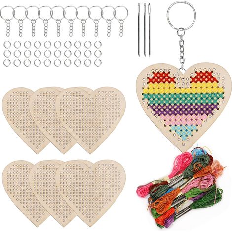 Sweet 64-Piece Wooden Heart Cross Stitch Kit with Keychain - Wooden Sewing Kit for Beginners (1/5)