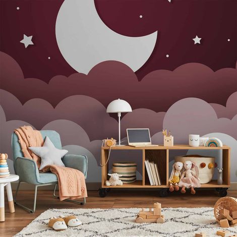 Rêve de lune - Nuages dans un ciel bordeaux étoilé pour enfants (1/5)