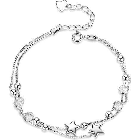 Bracelet Argent Femme, 2 en 1 Bracelet Etoile Perle Réglable, Double Argent Fin pour Ado, Bijoux Cadeau Anniversaire, Bracelet Fille 12 Ans (1/5)