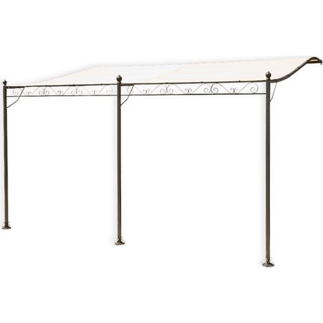 OSE – Tonnelle adossée en fer forgé – Toile en polyester 160 g/m² – Dimensions 4 x 3 m – Surface ombragée 12 m² – Fixation murale incluse