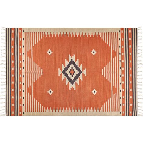 Alfombra kilim de algodón naranja beige marrón 200 x 300 cm geométrico borlas Gavar (1/5)