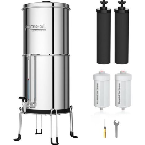 Filtre à Eau 11 litres par Gravité - Cuve Acier Inox 304 + 4 Filtres (Charbon/Fluor) - Robinet Visuel - Élimine 99% Fluorures/Chlore/Métaux - Sans Électricité (1/5)