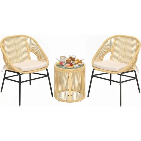 CHICFURN Salon de jardin 2 places balcon avec 2 fauteuils et table ronde en résine tressée beige, coussins déhoussables, plateau en verre trempé, extérieur (1/5)