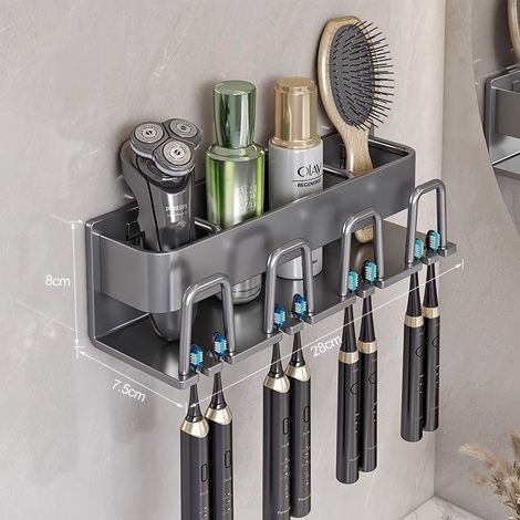 Soporte de pared para cepillos de dientes, organizador de baño, no requiere perforación, soporte para 4 cabezales de cepillos de dientes. (1/5)