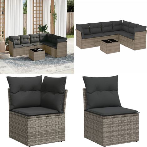 7-tlg. Garten-Sofagarnitur mit Kissen Grau Poly Rattan - Gartenmöbel - Sofagarnitur - Rattan Möbel - Outdoor Möbel - Lounge Set - Home & Living (1/5)