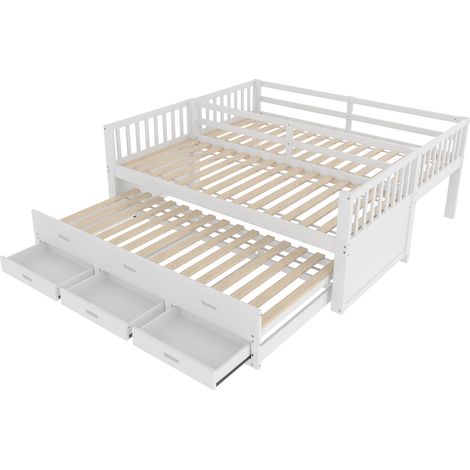 Lit superposé enfant 90x200 cm avec lit gigogne et 3 tiroirs en pin et MDF blanc (1/5)