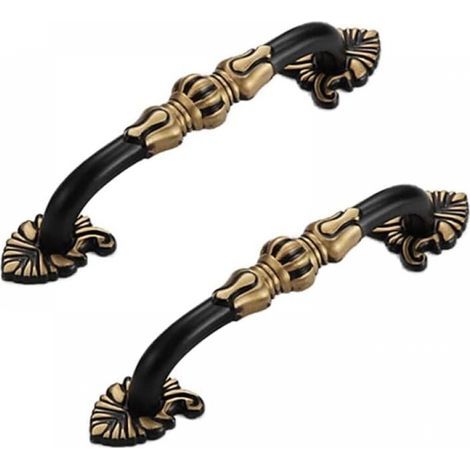 (96 mm, black) Set of 2 vintage brass furniture handles - Antique floral pattern - Black and gold metal - For kitchen cabinets, drawers, wardrobes (1/5)