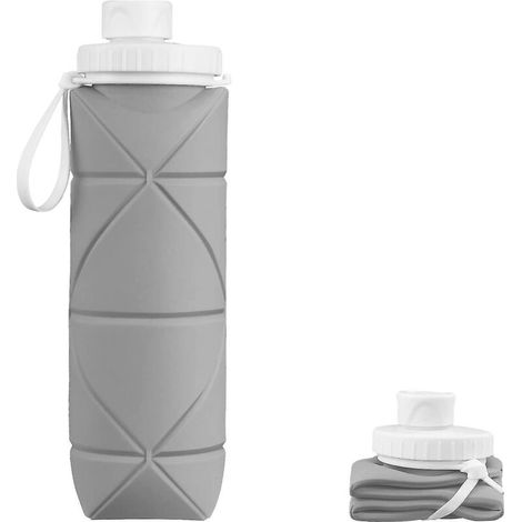 Bouteille d'eau de voyage pliable grise de 600 ml, résistante à la chaleur et étanche. (1/3)