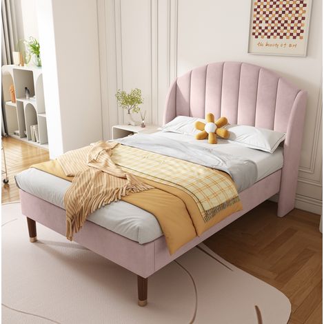 Bett modern gepolstert 90x200 cm Samt Rosa mit hohem Kopfteil und Holz-Lattenrost (1/5)