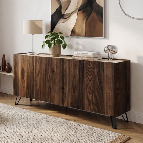 Madia Trorlon a 4 Ante Credenza Buffet 160 x 40 x 83 cm - Effetto Noce/Travertino [en.casa] (1/5)