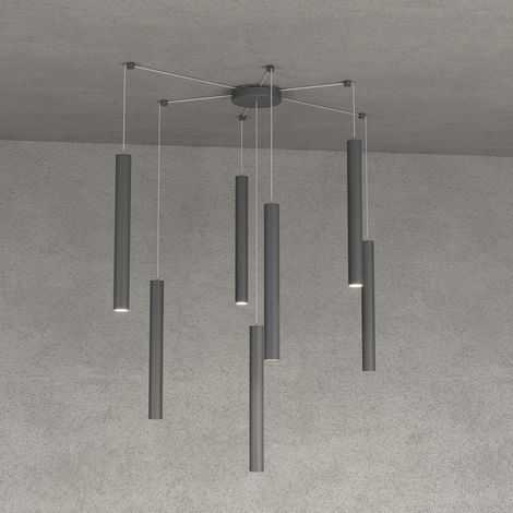 Lampadario top light round tube 1174 s7 gu10 led cilindro metallo classico moderno, finitura metallo grigio-antracite