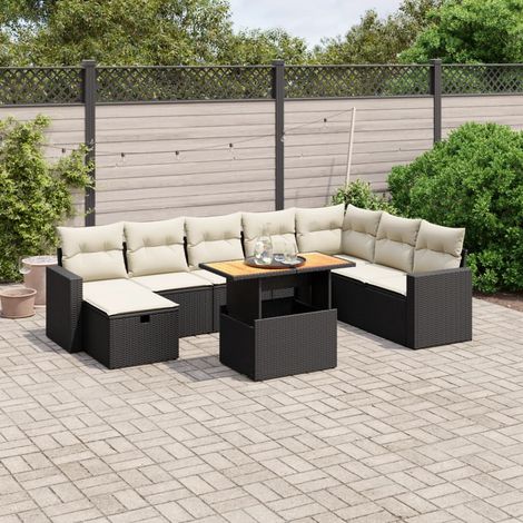 Salon de Jardin 9 Pièces Noir Résine Tressée avec Coussins Crème - Table Réglable Hauteur, Meuble Extérieur Modulaire (1/3)