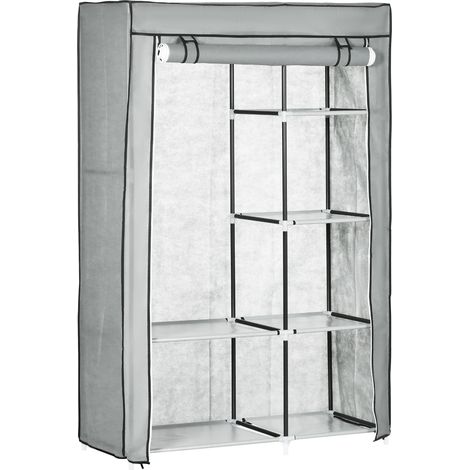 Grauer Stoffkleiderschrank mit 6 Regalböden, 1 Kleiderstange, 103 x 43 x 162,5 cm (1/5)