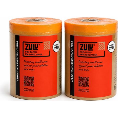 Zulu Pre-Taped Masking Paper 180mm x 25m - Heavy Duty with Adhesive Tape Paint Protection for Decorating Painting DIY, 2 Pack (1/3)