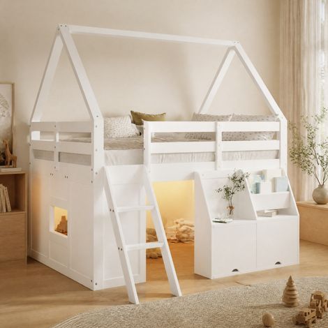 Letto soppalco casetta 140x200 cm con LED, contenitore e scala, struttura stabile, legno bianco per camera bambini (1/5)