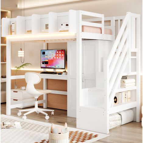 Lit mezzanine enfant 90x200 cm en bois avec LED, rangements et échelle, structure en bois blanc-avec bureau, armoire