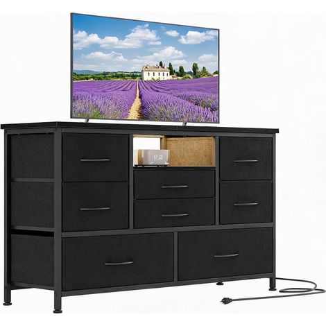 Meuble TV 120 cm avec 8 Tiroirs, LED RGB et Prises USB, Noir (1/5)
