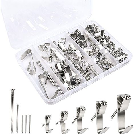 Kit de fixation pour tableaux, 136 pièces, 4,5 kg, 13 kg, 22 kg, 45 kg. Supports renforcés pour cloisons sèches et bois, crochets, couleur argent. (1/5)