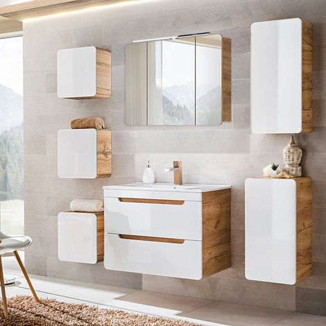 Badezimmer Set 7-tlg in Hochglanz weiß mit Wotan Eiche Nb. LUTON-56 mit LED-Spiegelschrank, B/H/T ca. 180/200/46 cm (1/5)