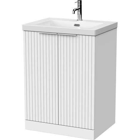 Callingwood Contemporary Floor Standing 2 Door Vanity Unit with 1 Tap Hole Fireclay Basin , 600mm, Matt White (1/4)