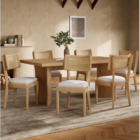 Juego de 6 sillas de comedor de madera con ratán y lino, color madera OKMYHOME (1/5)