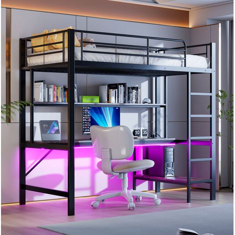 Lit mezzanine 90x200 cm noir en métal et MDF avec bureau, étagères, LED, prise USB et garde-corps (1/5)
