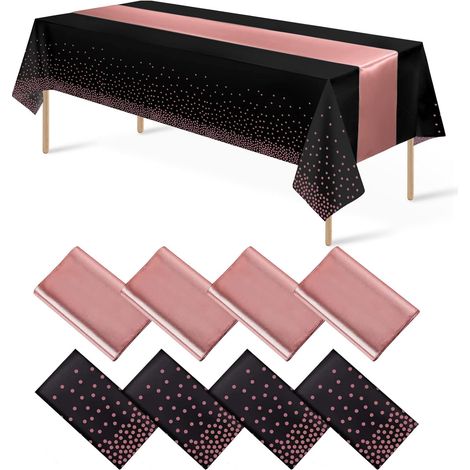 Nappe Jetable - Nappe En Plastique PEVA Et Chemin De Table En Satin - Noir Et Or Rose - 54 X 108 Pouces Et 12 X 108 Pouces - Lot De 8 Pièces (1/5)