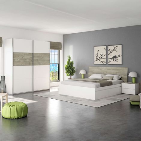 Pack Muebles Dormitorio Completo con en Color Roble Alaska y Blanco Artik Estilo nórdico (Cama + Cabecero + Mesitas + Armario)