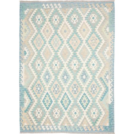 Tapis kilim 175 x 242 cm, motif géométrique, bleu, beige, crème, en laine naturelle, tissage plat artisanal (1/5)