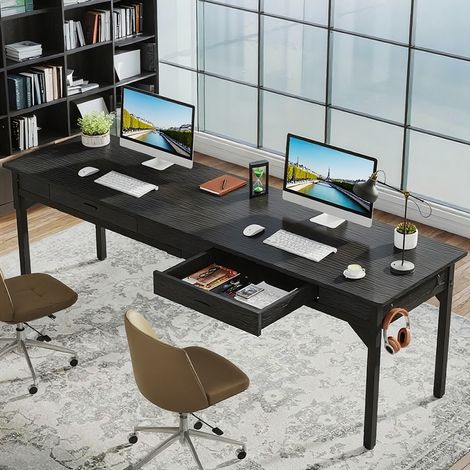 Bureau d'ordinateur - 200 x 60 x 82 cm - Double bureau long avec 2 tiroirs - Table d'ordinateur pour la maison - Noir (1/5)