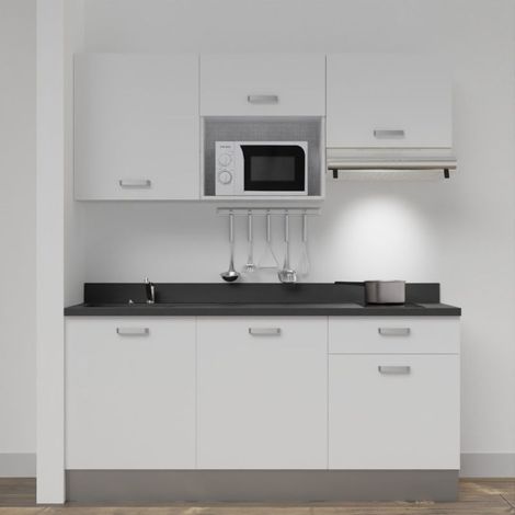 Kitchenette K30L - 180 cm - emplacements micro-ondes et hotte-Blanc-Nero-évier à gauche (1/5)