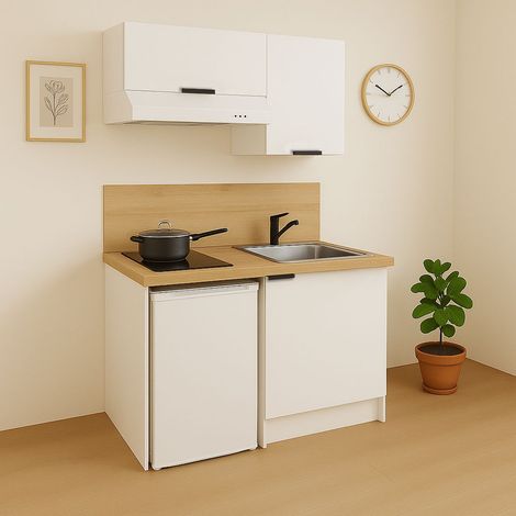 KITCHENETTE BLANCHE 100cm + PLAQUE DE CUISSON + REFRIGERATEUR + HOTTE + MICRO-ONDES + EVIER + MITIGEUR + MEUBLES HAUTS (1/4)