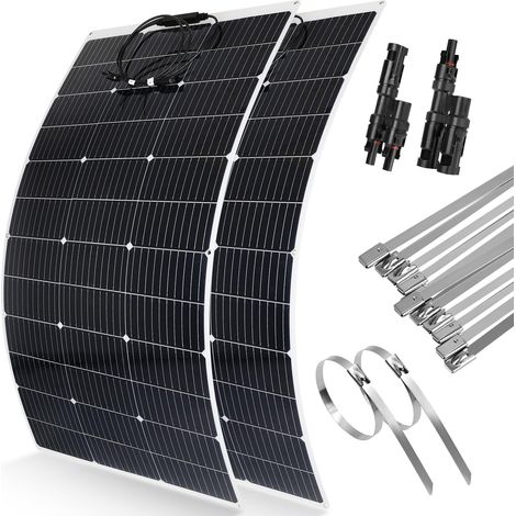 Panneau Solaire Souple 240W 12V 2x120W Panneau Solaires Mono Kit:2Pcs Panneau Solaire Flexible 120W+Connecteur Solaire Y+12Pcs Collier Serrage Inox, PV Panneau pour Camping Bateau Balcon Yacht (1/5)