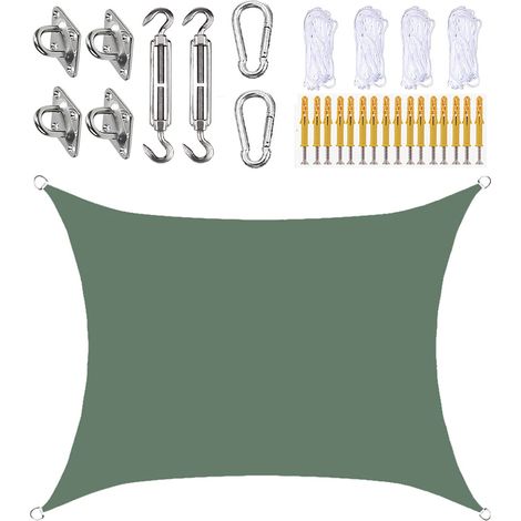 Rectangular shade sail 200x200CM with rope and accessories, 95% shade rate, for garden, terrace, carport and gazebo (Green) (1/5)
