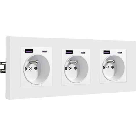 Prise USB C Murale,Prise Electrique Encastrable avec 20W Recharge Rapide USB A et 1 Type C,3 Gang,Norme Française Prises 16A 250V avec Panneau en Plastique,228 86mm Blanc (1/5)