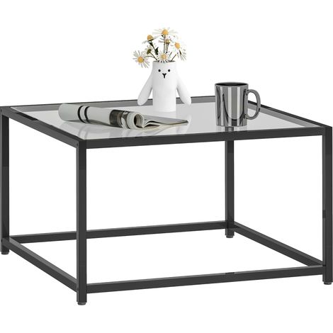 Beistelltisch Quadratisch Nachttisch mit Hartglas-Tischplatte, Couchtisch mit Beinen aus Stahl 68 x 68 x 39 cm Schwarz