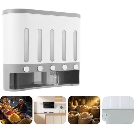 Dispensador de alimentos, 40 x 15 x 34 cm, diseño hermético, capacidad para 5 compartimentos, material PP + PS, apto para alimentos secos. (1/5)