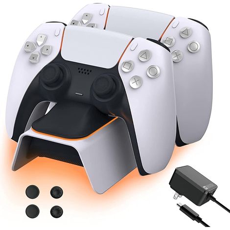 PS5 Controller Charger with Thumb Grip Kit, Fast Charging AC Adapter, Dualsense Charging Station Dock for Dual Playstation 5 Controllers with LED Indicator, White (1/5)