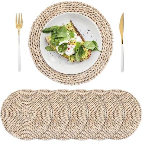 Tovagliette in fibra di mais intrecciata - Set da 6 pezzi - Rattan naturale - Tovagliette rotonde - Intreccio di paglia - Tavolo da pranzo/tavolino da caffè - Tovagliette rotonde intrecciate da 30 cm (1/2)