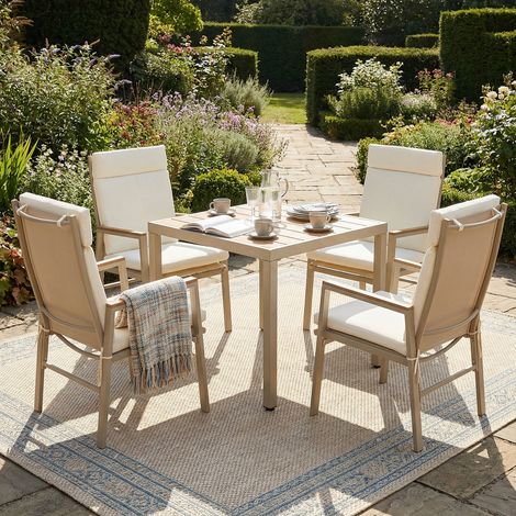 Ensemble de salle à manger de jardin pour 4 personnes - Table et 4 chaises structure fer galvanisé plateau imitation bois coloris kaki et beige résistant aux intempéries (1/5)