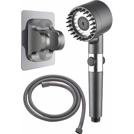 CSPARKV Shower Head with 1.5m Hose - High Pressure Filtered 4 Modes Large Handheld Pressurized Shower Head with Water Pause Switch - Shower Accessories - Grey