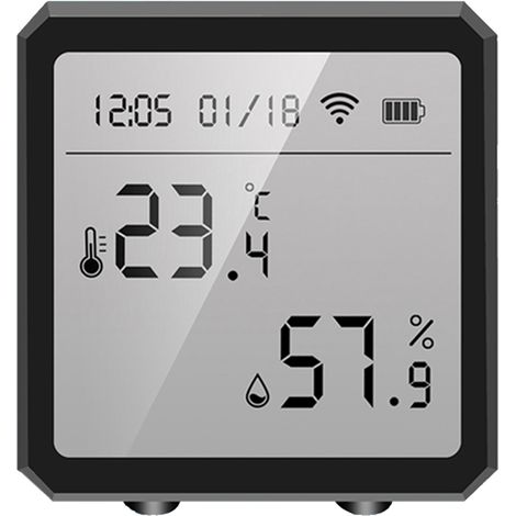 Hygromètre-thermomètre intelligent WiFi d'intérieur avec capteur de température et d'humidité et écran numérique, idéal pour chambre, sous-sol, bureau ou école (noir). (1/2)