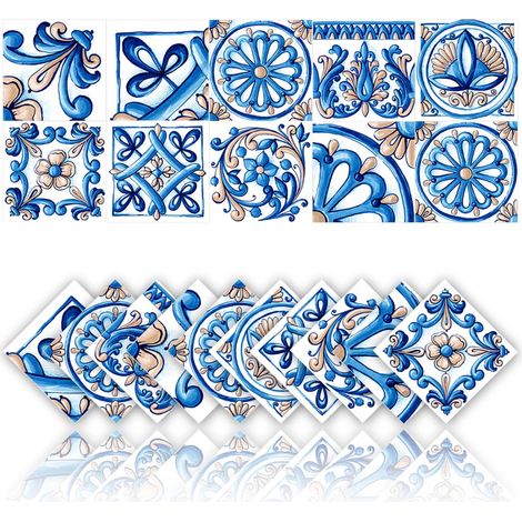 20 Pcs Carrelage Autocollants Cuisine et Salle De Bains Étanche Pvc Décoration Murale Stickers Auto-Adhésif Mosaïque Décoration Rétro Style Architectural (20x20cm,Bleu) (1/5)