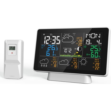 Tuya WLAN-Wetterstation mit großem 7,5-Zoll-Display, 100 m Reichweite, Thermometer, Hygrometer, Regenmesser und Anemometer sowie Wettervorhersage. Wunderground EU.