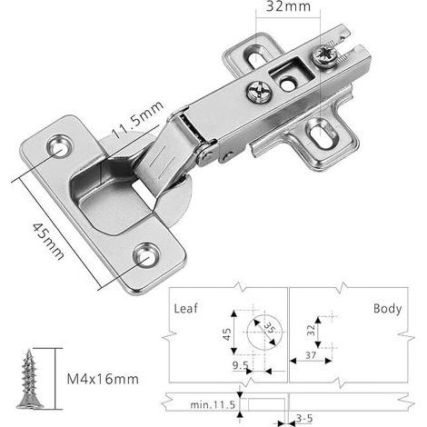 2-teiliges Möbelscharnier – Kaltgewalzter Stahl – Öffnungswinkel 110° – 3D verstellbar – Gehäusedurchmesser 35 mm – Tiefe 11,5 mm (1/5)