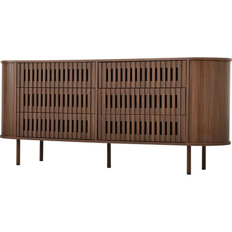 Sideboard 160x40x70 cm mit 6 Schubladen, Lamellendesign, MDF, Metallbeine, Nussbaum (1/5)