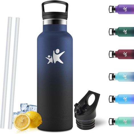 Gourde Isotherme 750ml, Poignée de Transport, Bouteille Isotherme, avec paille, Gourde Inox, Thermos, Acier Inoxydable, Bouteille d'eau pour Gym, Voyage, Randonnée, Camping, Bleu Foncé/Noir (1/5)