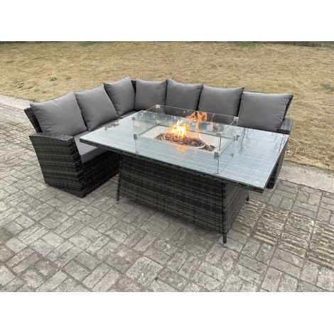 Fimous Outdoor Rattan Corner Sofa Garden Furniture High Back Sofa Set Gas Fire Pit Dining Table Gas Heater Burner 6 Seater